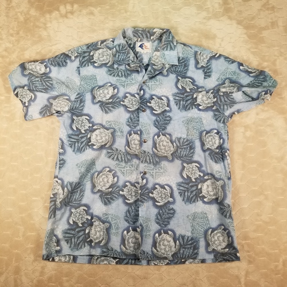VTG Blue Nui Nalu Turtle Hawaiian Shirt USA Made Sz L WORN See Pics